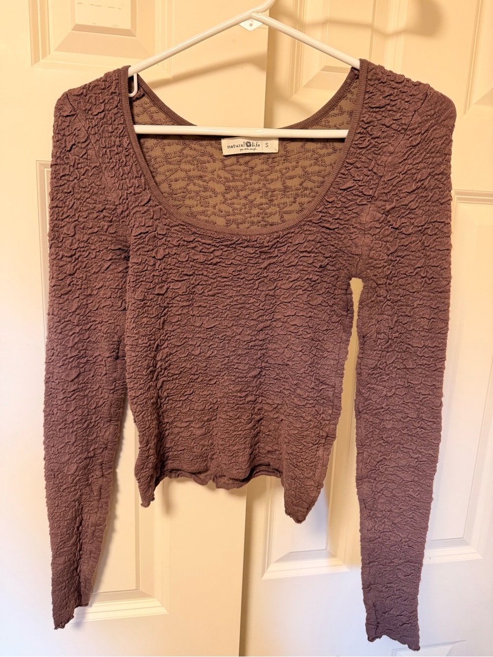 NATURAL LIFE Crinkled Long Sleeve Scoop Neck Top - Mauve